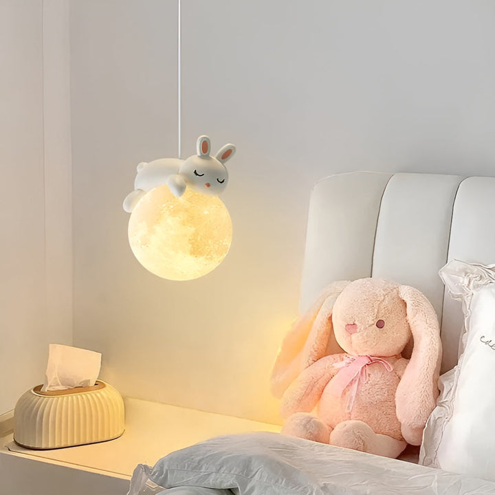 Adorable rabbit LED pendant light, perfect for a child's room, nursery, or play area. Kids' ceiling lamp.