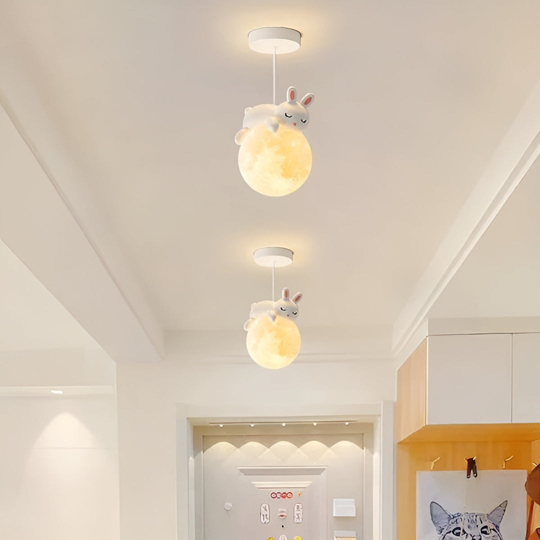 LunarBuddy cute bear LED pendant light for children's room decor. Nursery animal themed ceiling lamp.