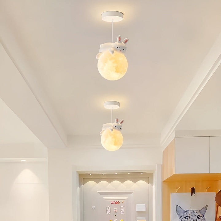 LunarBuddy cute bear LED pendant light for children's room decor. Nursery animal themed ceiling lamp.