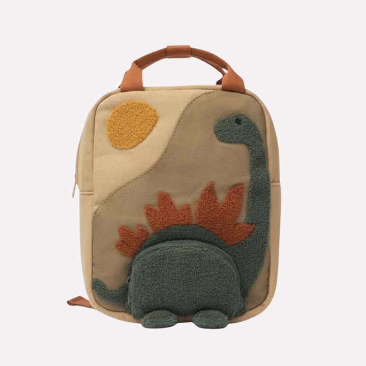 Cute beige children's dinosaur backpack for school. Features playful design & adjustable straps for toddlers & kids.