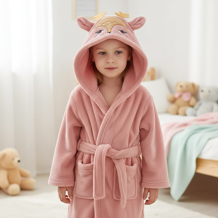 Cute children's soft fleece animal hooded robe in blue, perfect for cozy comfort and warmth