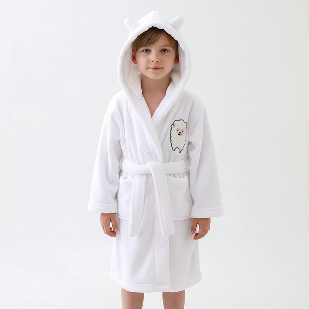 Adorable pink plush fleece animal hooded robe for children, comfy and warm for home