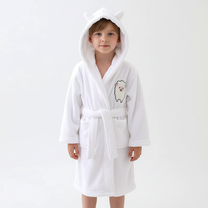 Adorable pink plush fleece animal hooded robe for children, comfy and warm for home