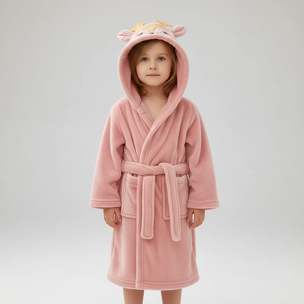 Kids' red fleece animal hooded bathrobe, ideal for after bath or lounging, super soft fabric