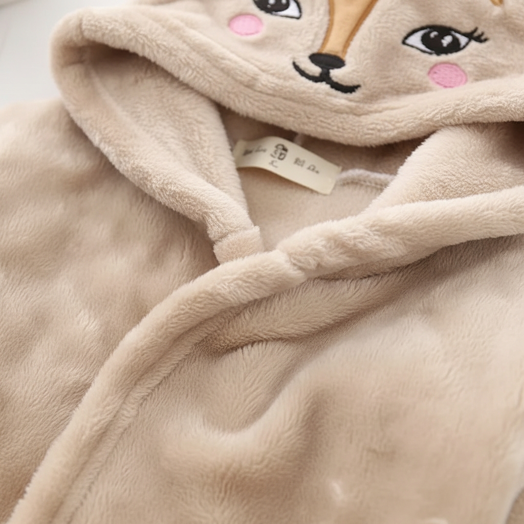 Yellow happy animal fleece robe for children, featuring fun hood and warm material