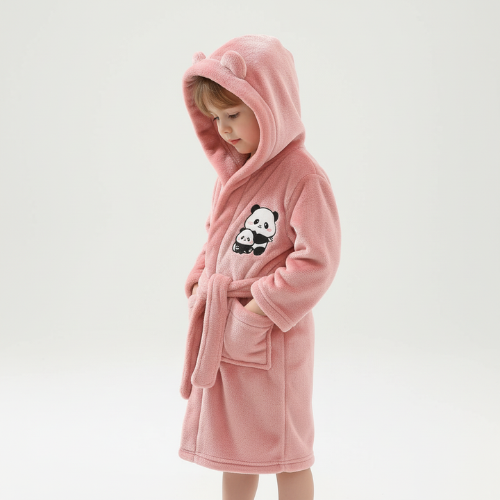 Blue children's fleece bathrobe with a playful animal hood, soft and absorbent for kids