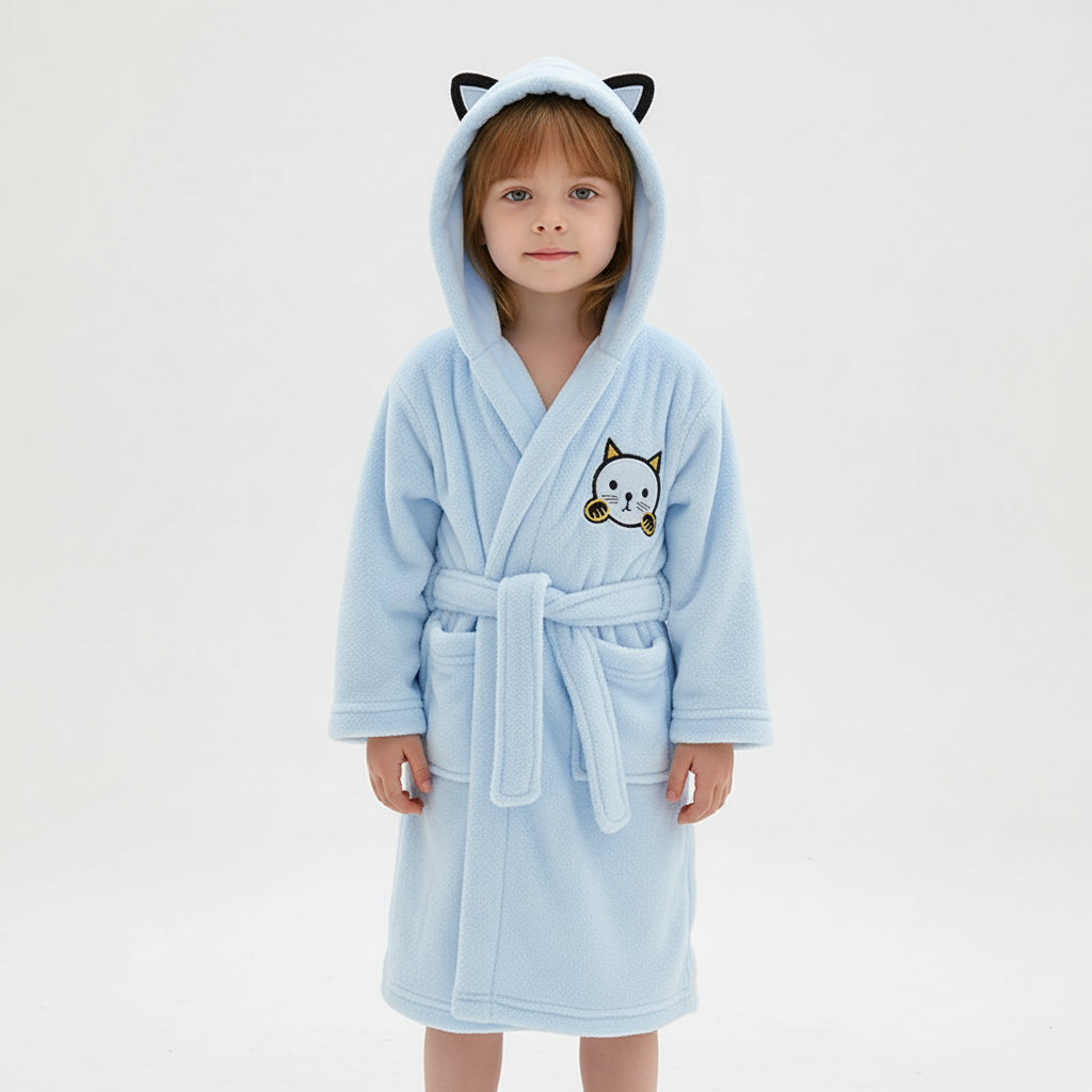 Cozy yellow kids' animal hooded fleece robe, great for bedtime stories and warmth