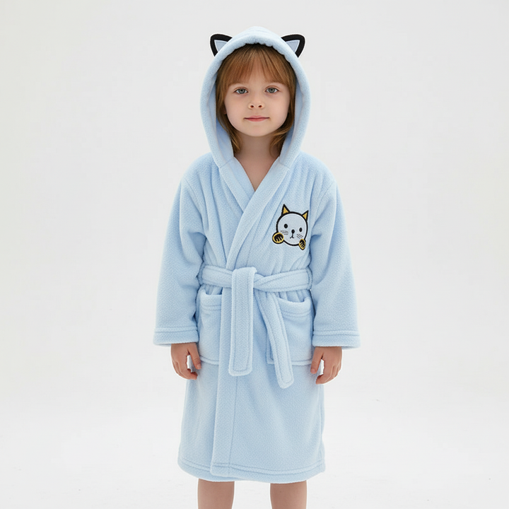 Cozy yellow kids' animal hooded fleece robe, great for bedtime stories and warmth