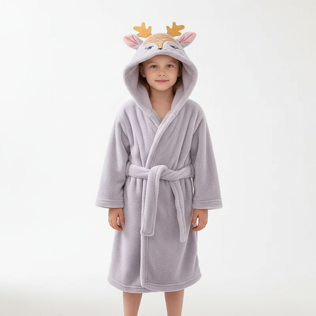Children's soft green fleece animal hooded robe, comfortable and cute for all kids