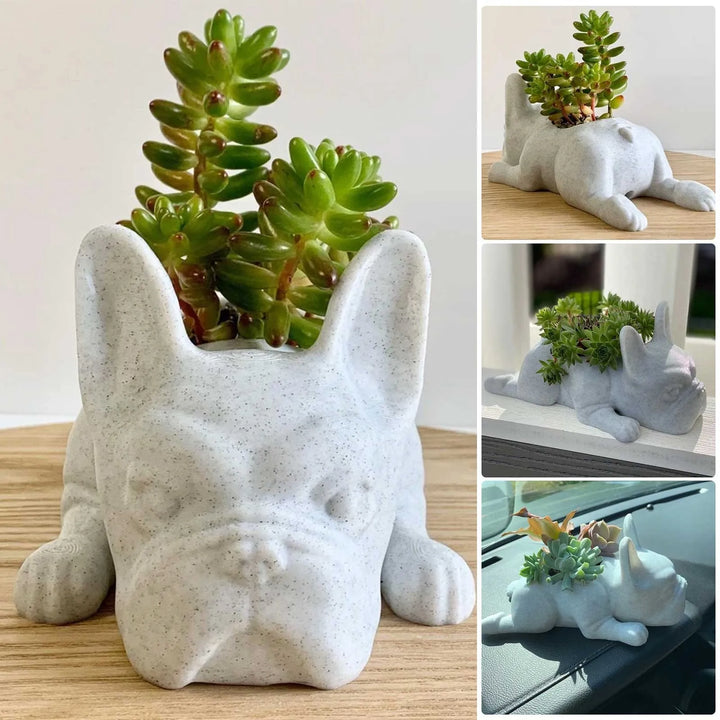 Unisex Buddy dog resin planter, detailed succulent pot for home, office, or cute gift.