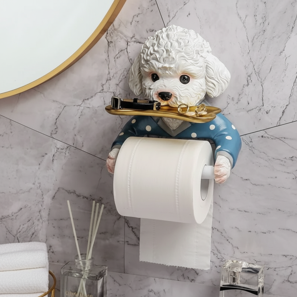 Cute dog-shaped toilet paper holder, 'RolloBuddy', in white, holding a roll, adding charming decor to a bathroom.