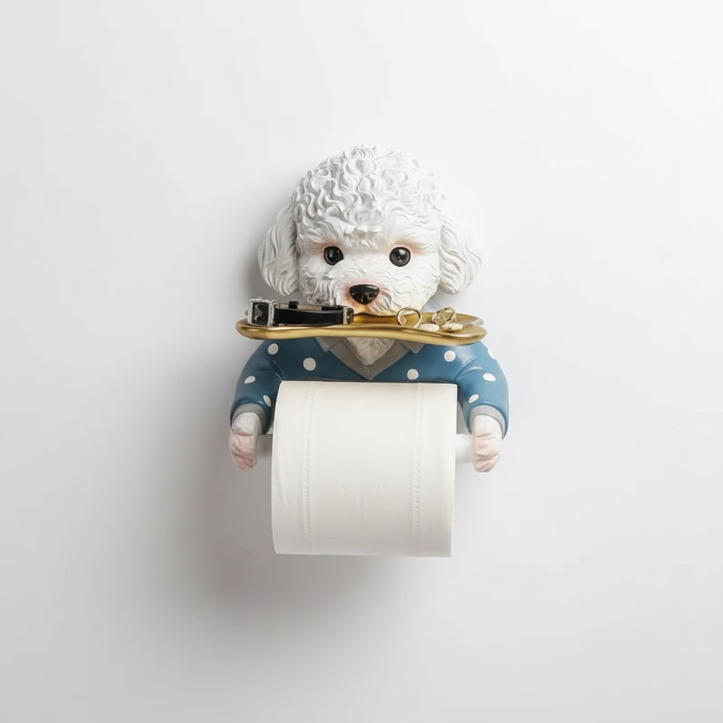 Unisex wall-mounted dog toilet paper holder in a living room, serving as a unique storage solution and home accessory.