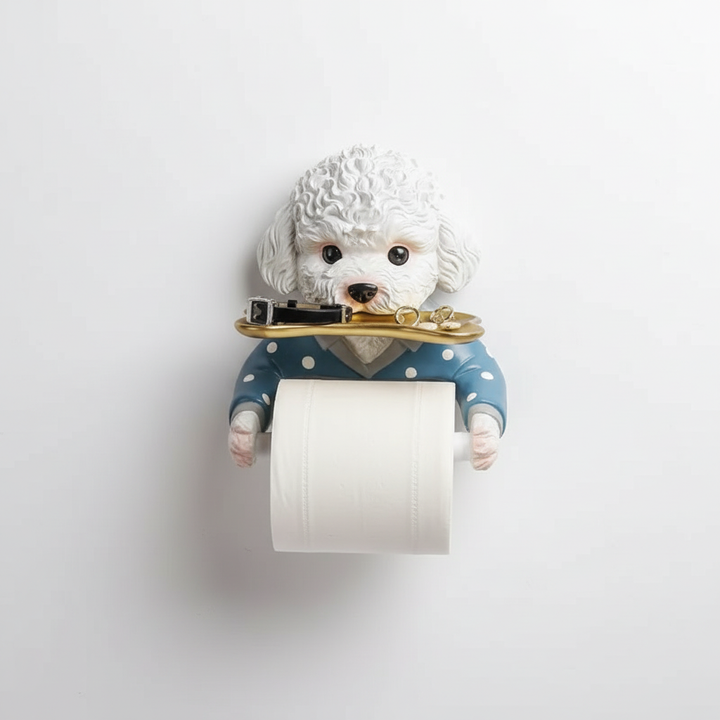 Unisex wall-mounted dog toilet paper holder in a living room, serving as a unique storage solution and home accessory.