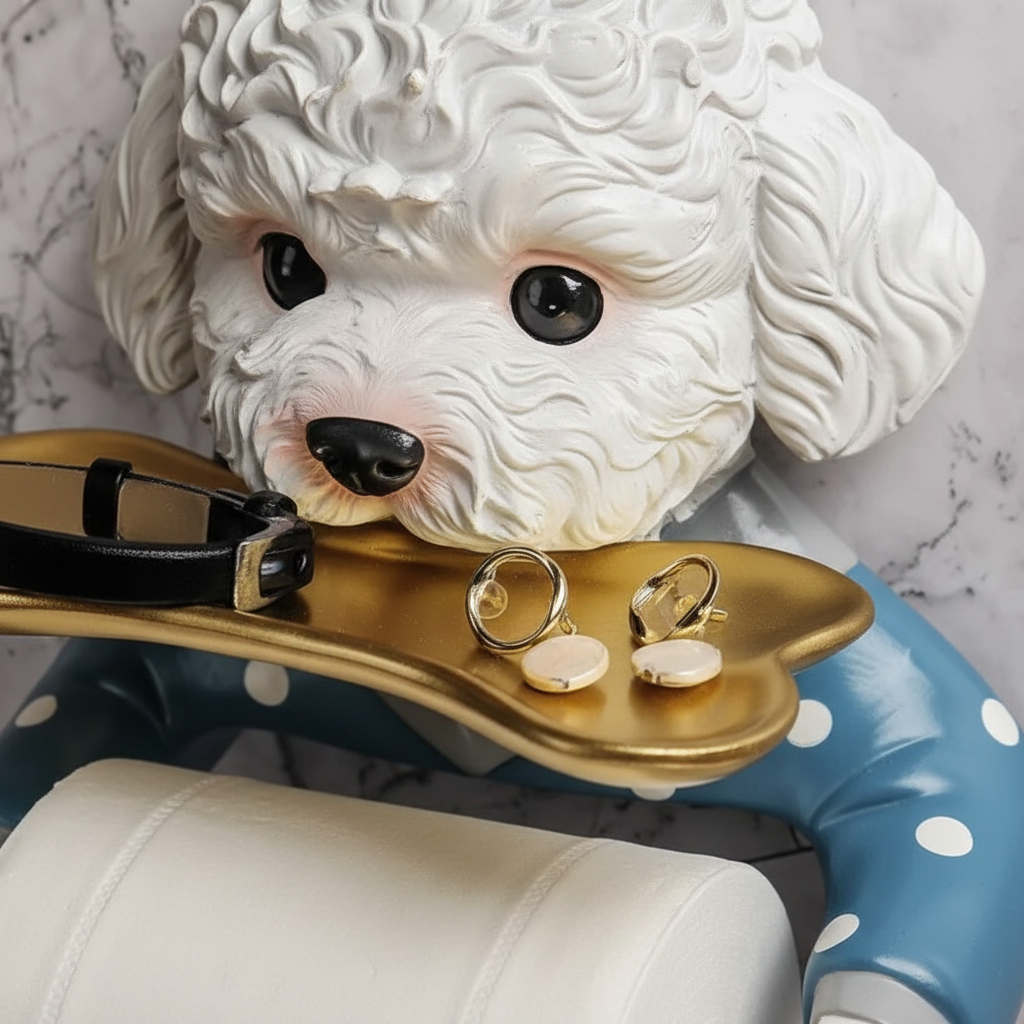Decorative dog storage 'RolloBuddy' for toilet paper, designed with a sleek black finish, perfect for modern bathroom decor.
