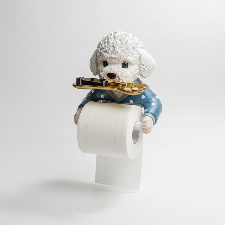 Close-up of a whimsical 'RolloBuddy' dog toilet paper holder, showcasing its detailed design and functionality as a bathroom organizer.