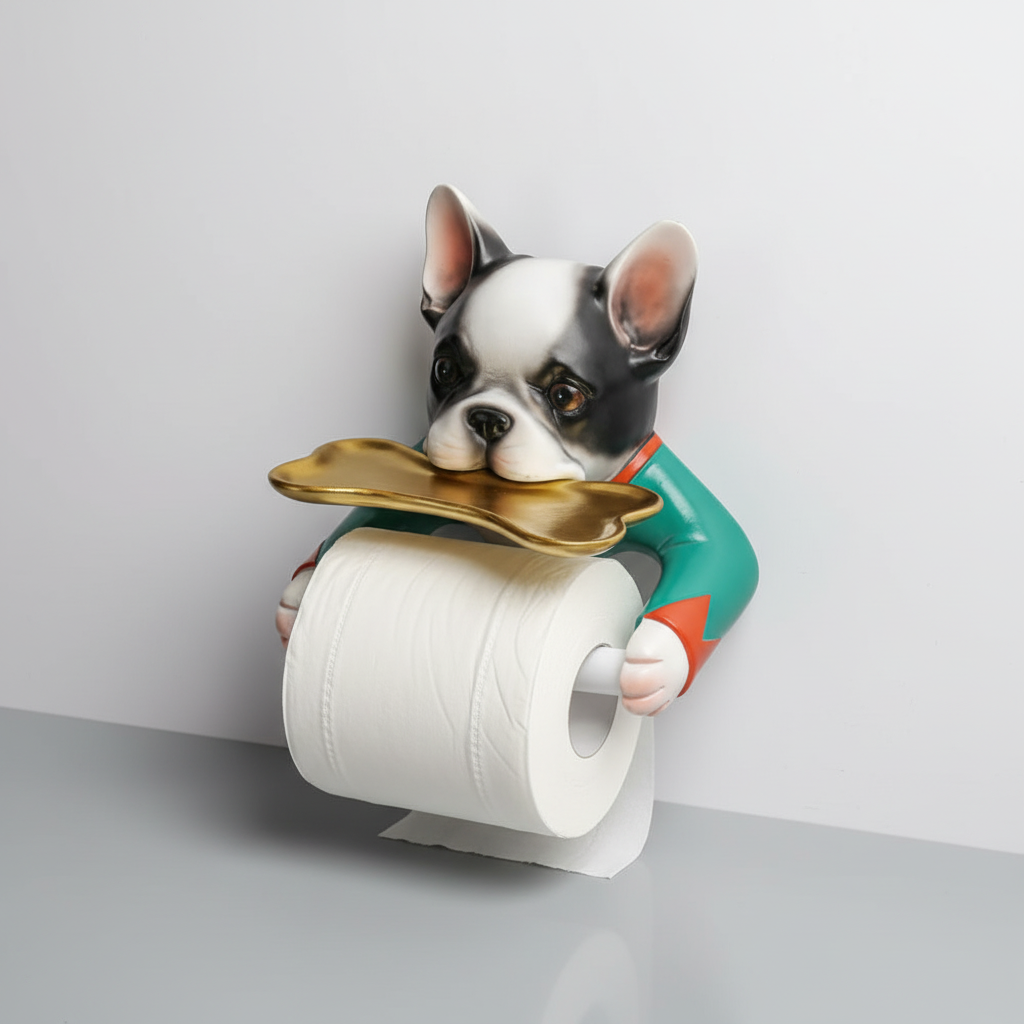 Innovative dog-themed toilet paper holder, 'RolloBuddy', securely holding multiple rolls, blending cute decor with practical storage.