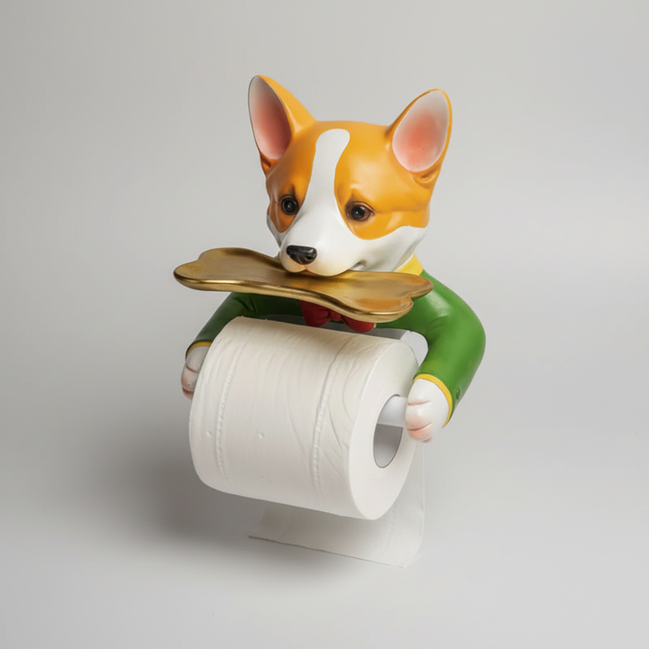 Stylish dog decor toilet paper holder, 'RolloBuddy', enhancing bathroom aesthetics while providing an organized storage solution.