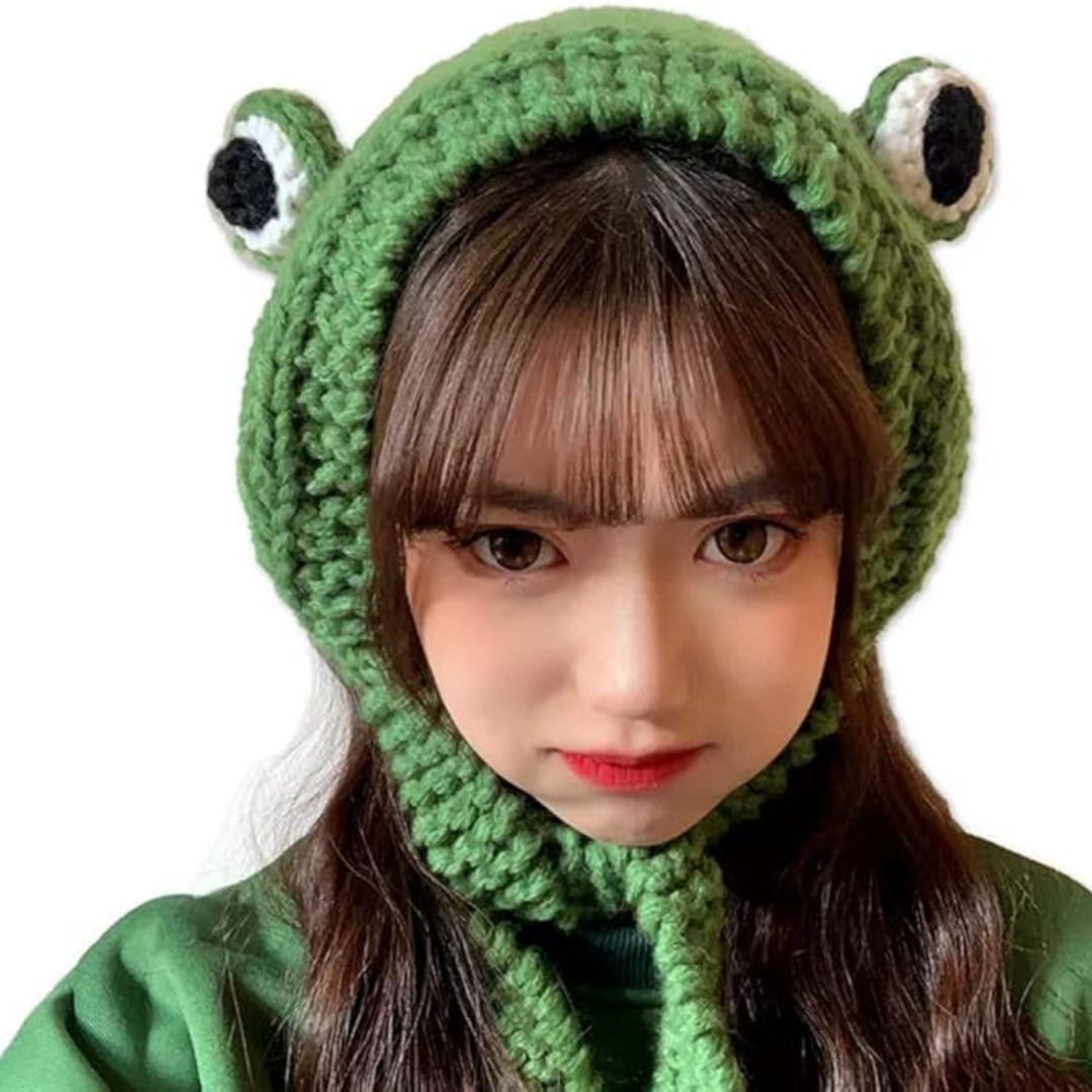 Cute green crocheted frog ear warmer headband for women, cozy winter accessory