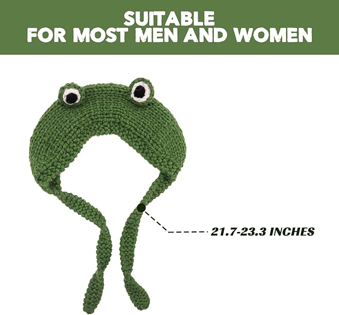 Close-up of a women's crocheted frog ear warmer headband with cute eyes