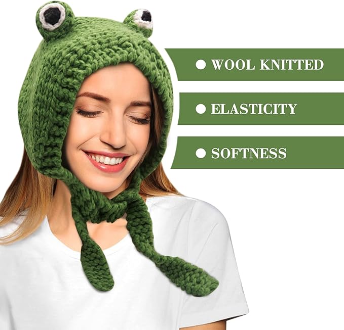 Stylish women's green frog ear warmer headband, a unique winter crochet accessory