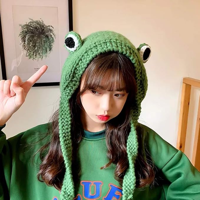 Detailed view of a crocheted frog ear warmer headband, a cute and fashionable accessory