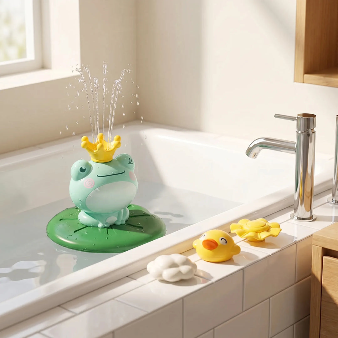 Toddler plays with green floating frog bath sprinkler toy, making bath time fun and interactive with water spray.