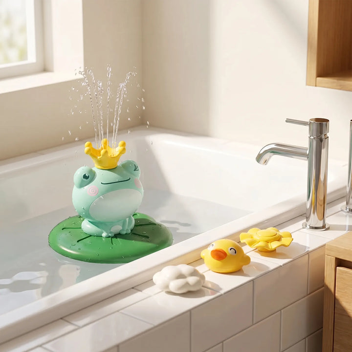 Toddler plays with green floating frog bath sprinkler toy, making bath time fun and interactive with water spray.