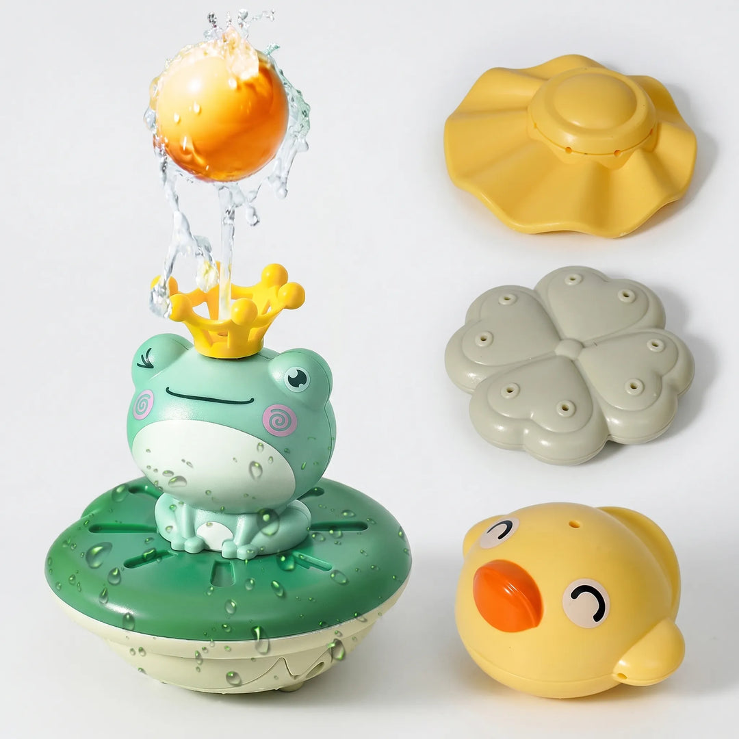 Bright green floating frog bath toy, a fun water sprinkler for interactive play and enjoyable kids' bath time.