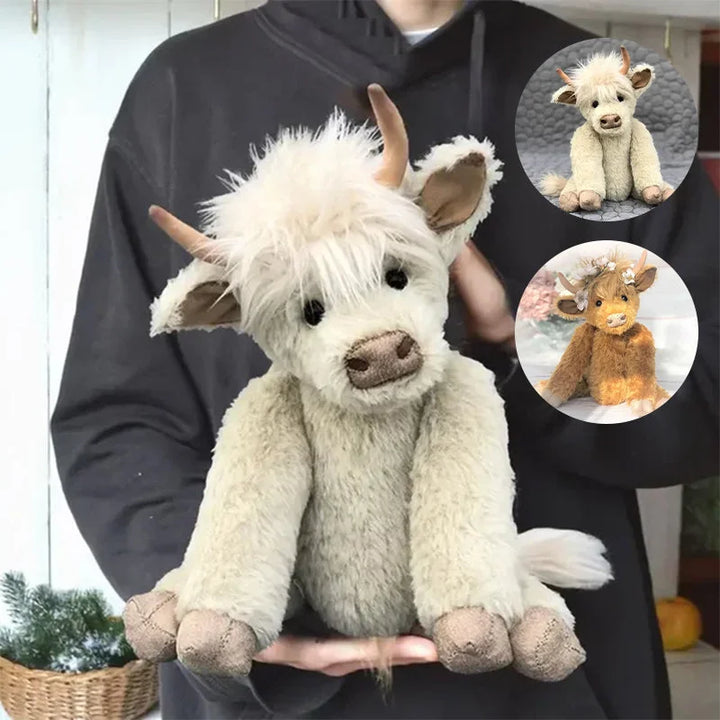 Detailed Highland cow plush with fluffy fur and a handcrafted floral headband, a collectible farm animal stuffed toy.