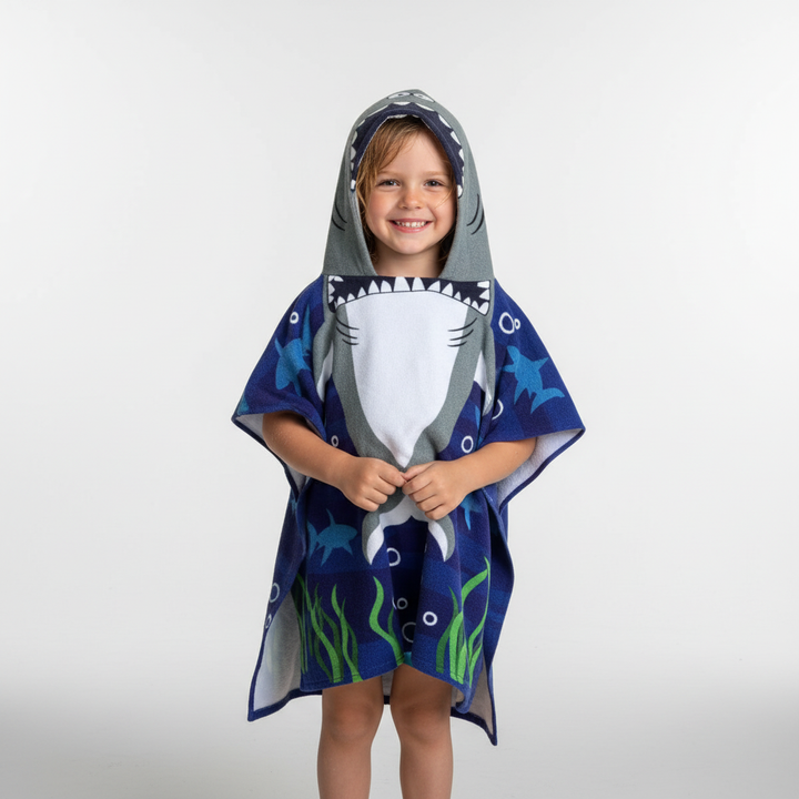 AdventureTowel kids' hooded pool towel, soft polyester with fun animal patterns for little ones.