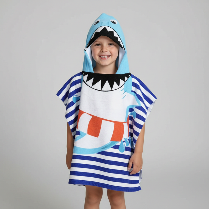 Toddler's quick-dry hooded towel, AdventureTowel animal print, great for beach adventures and poolside fun.