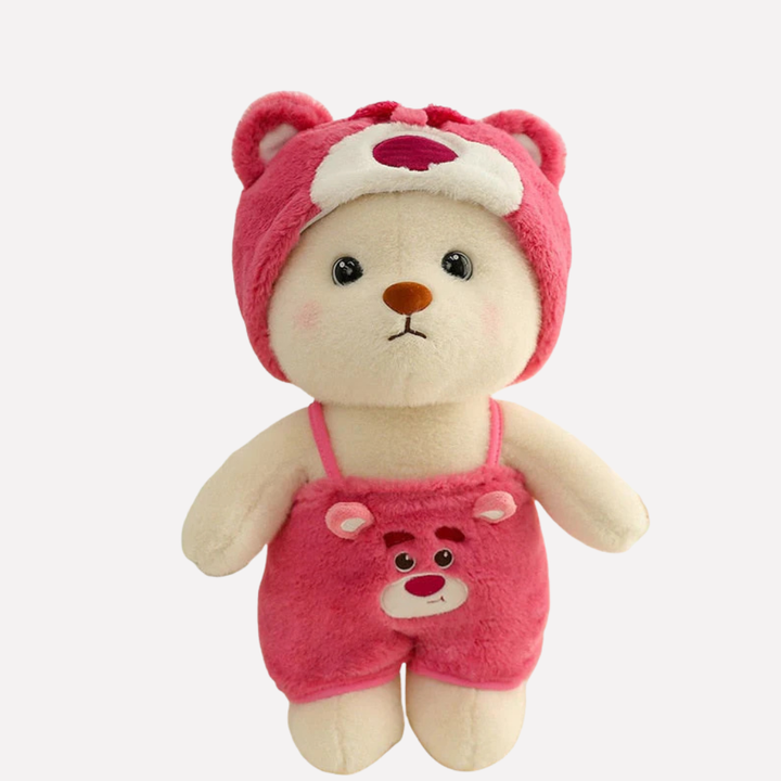 Playful plush toy bear in an exciting character costume, a soft comfort stuffed animal for children's fun.
