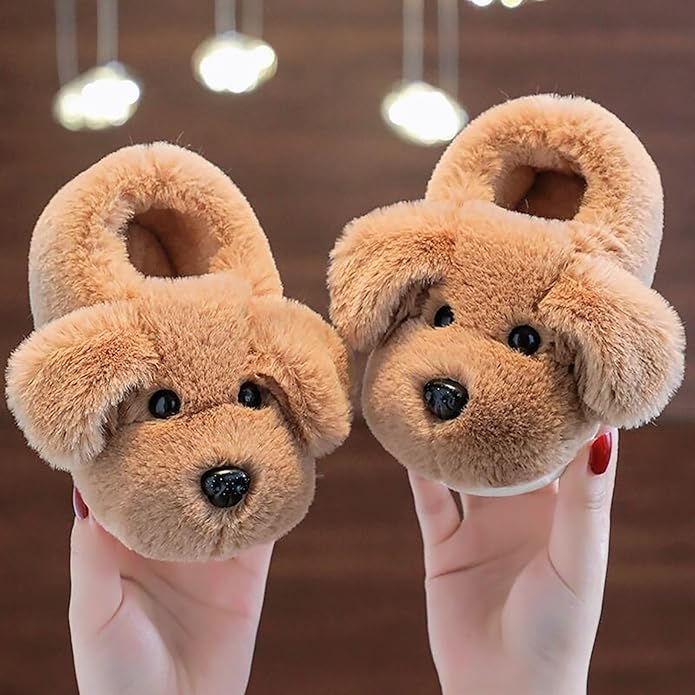 Cute kids' puppy slippers, cozy, warm, and non-slip, perfect for indoor & outdoor wear for toddlers and children.