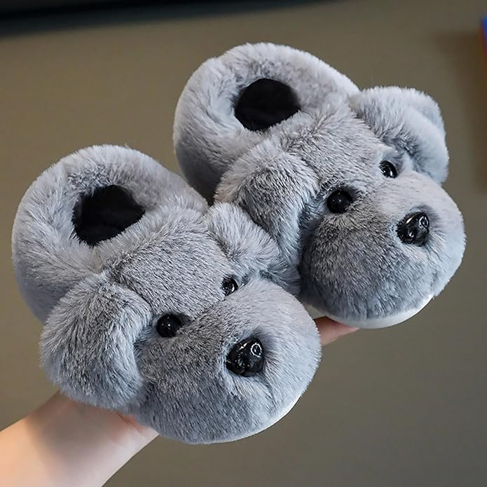 Child wearing warm & cozy puppy slippers, ideal for winter. Non-slip indoor/outdoor toddler footwear for comfort.