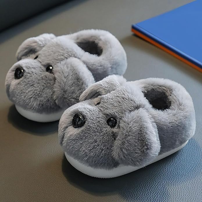 Pair of warm kids' puppy slippers, soft, cozy, and non-slip for comfortable indoor/outdoor wear for toddlers & children.