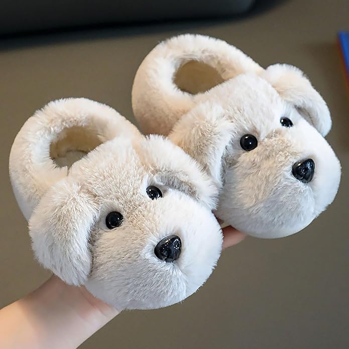 Side view of warm, cozy kids' puppy slippers with a soft lining and durable non-slip sole for indoor and outdoor play.