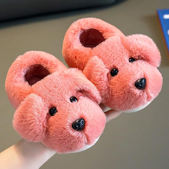 Soft, plush material of cozy kids' puppy slippers, providing warmth and comfort. Non-slip design for safe indoor/outdoor fun.