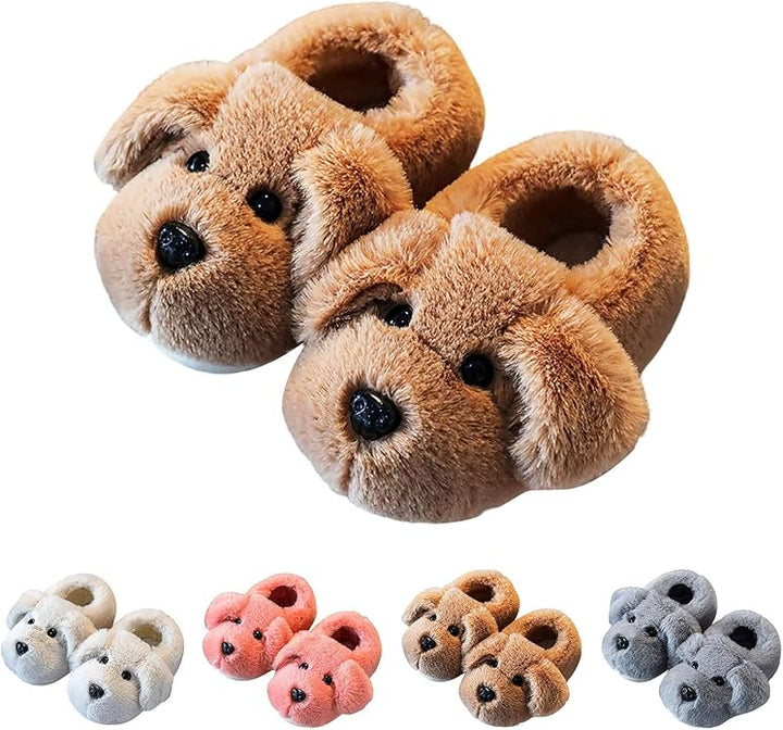 Stack of cute kids' puppy slippers in various sizes, offering warm, non-slip, and comfortable indoor/outdoor footwear.