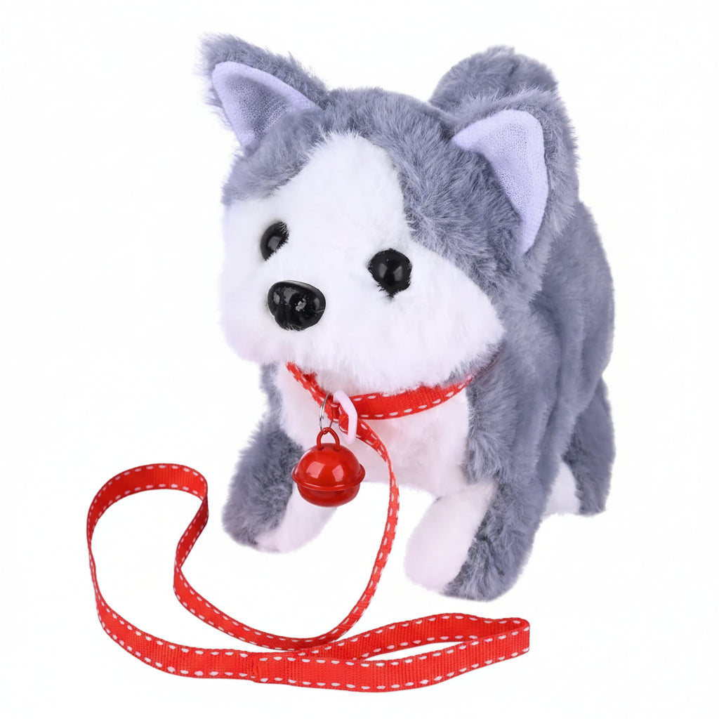 Movable plush dog, interactive toy for kids' imaginative development. Soft stuffed animal fosters creative play.