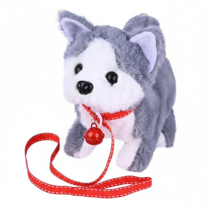 Movable plush dog, interactive toy for kids' imaginative development. Soft stuffed animal fosters creative play.