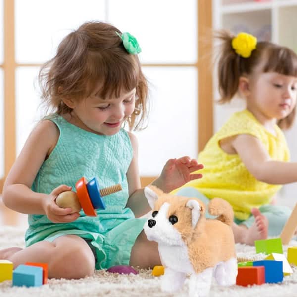 Perfect children's gift: a movable plush dog, interactive toy for imaginative play. Soft cuddly stuffed animal.