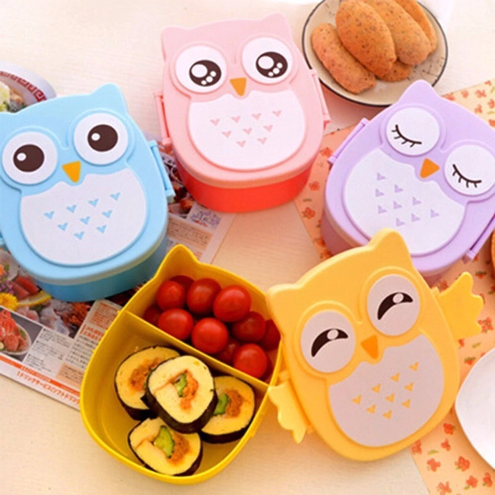 Cute owl children's lunchbox for school meals. Durable plastic bento box for kids' portable food container.