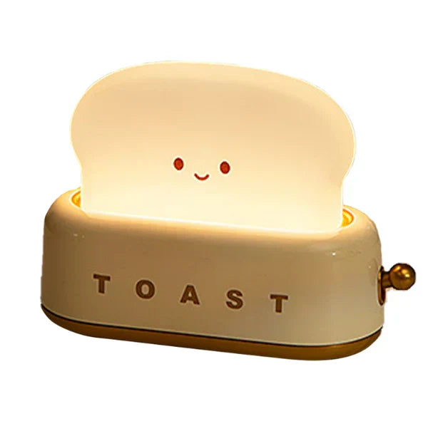 Dimmable LED toast night light for cozy kids room ambiance. Rechargeable ToastieGlow bedside lamp, cute home decor.