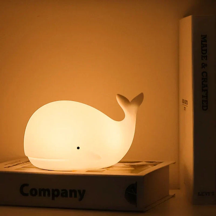 Cute whale night light for kids room, color changing LED lamp, touch control silicone nursery light
