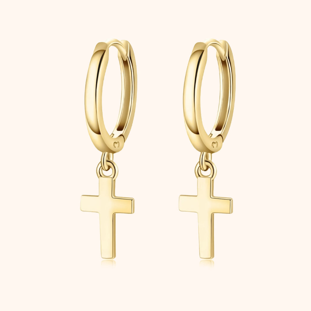 Dainty gold plated sterling silver cross pendant hoop earrings for women, elegant religious jewelry.