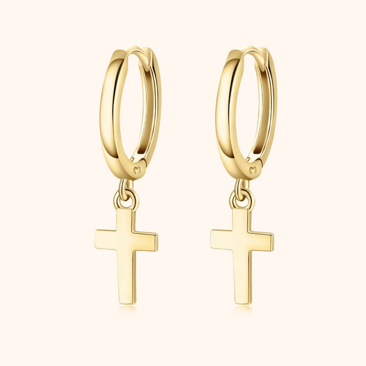 Dainty gold plated sterling silver cross pendant hoop earrings for women, elegant religious jewelry.