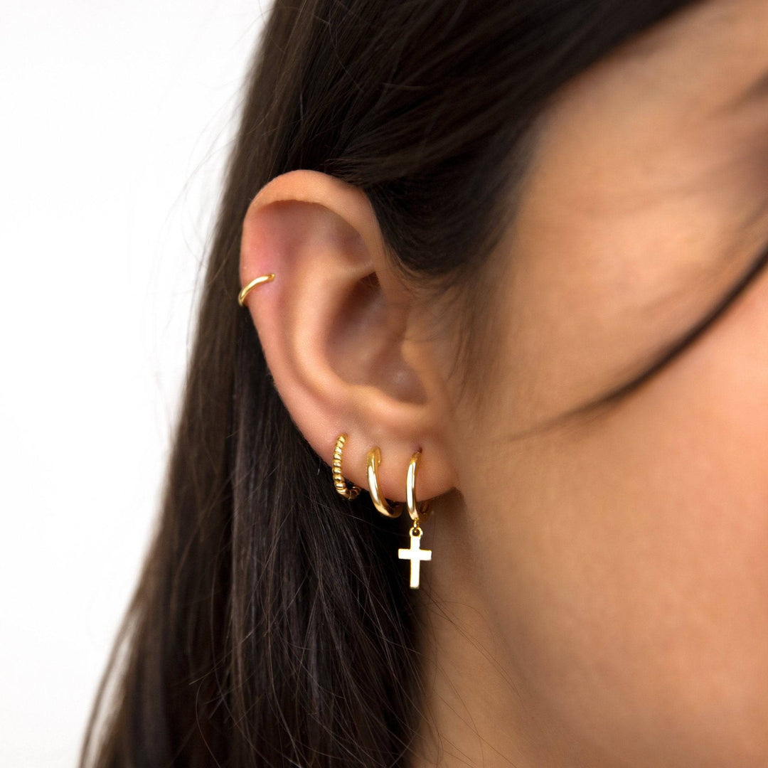 Women's fashion cross dangle hoop earrings, gold plated sterling silver, a meaningful spiritual gift.