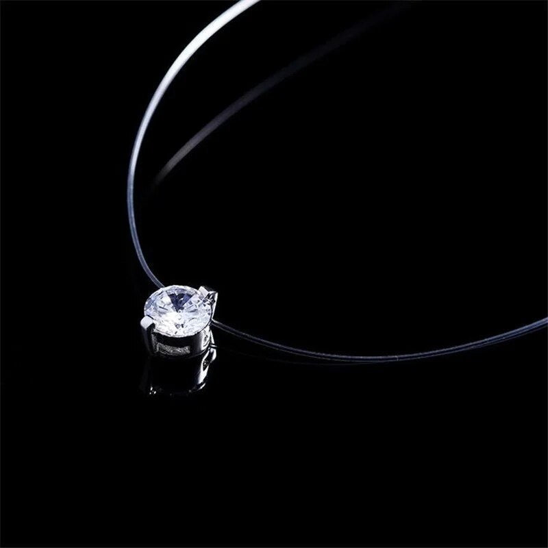 Women's delicate invisible fishline necklace with a single zircon, giving a floating jewel effect, a perfect gift.