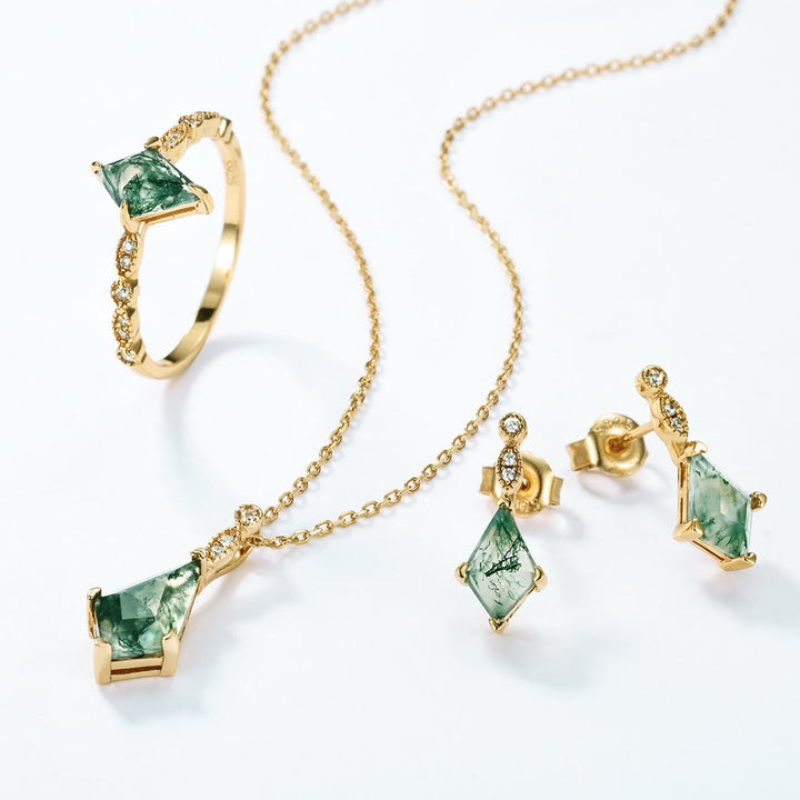 Dainty moss agate & white zircon jewelry set for women, elegant gemstone collection.