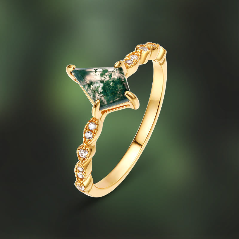 Women's delicate moss agate necklace, shimmering white zircon stones, elegant design.